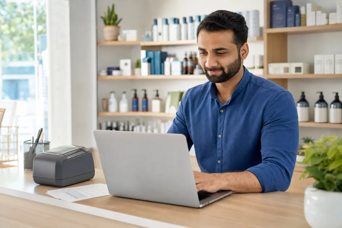 Indian small-business owner creating a professional invoice on a laptop