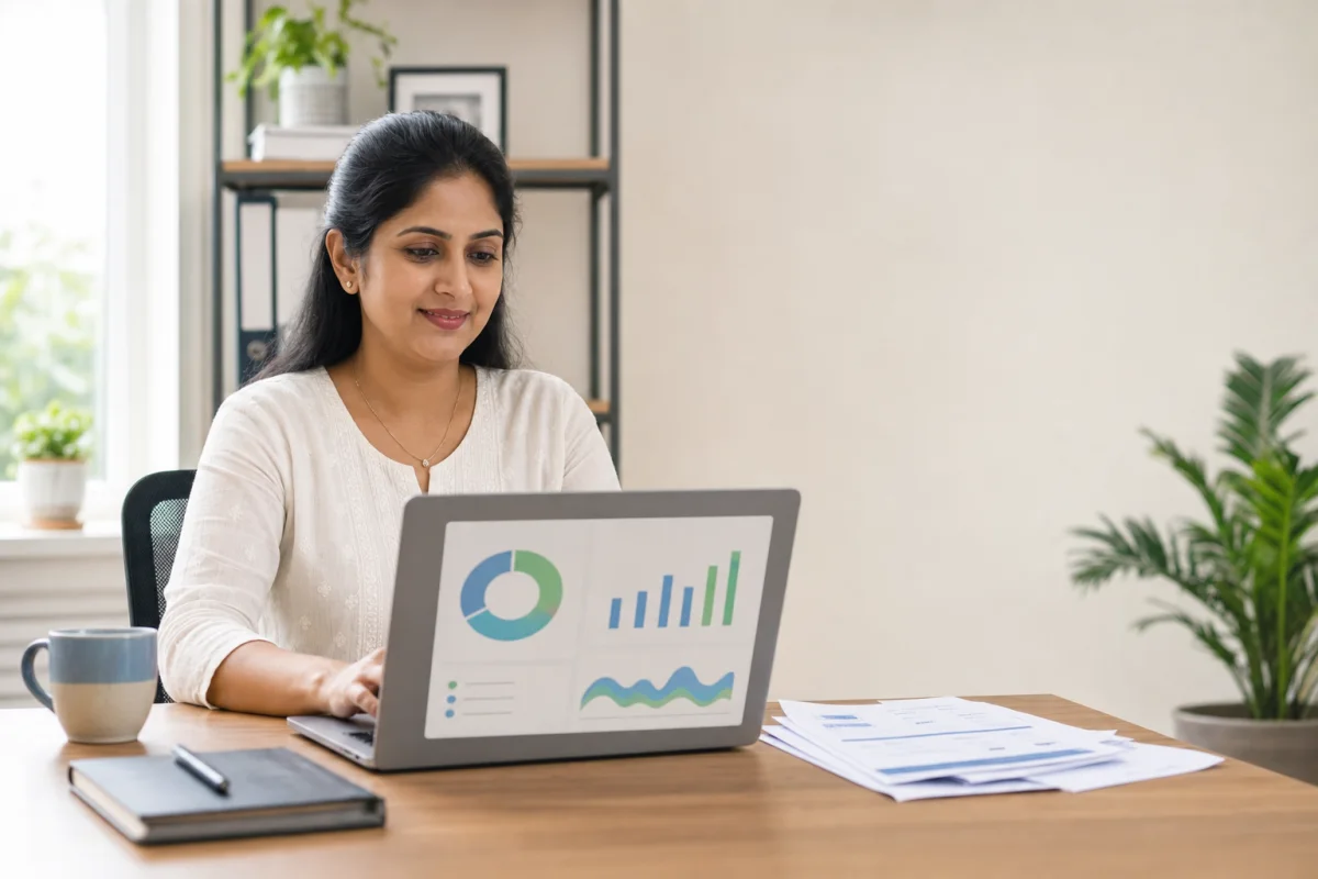 Indian business owner reviewing clear operational sales reports on a laptop